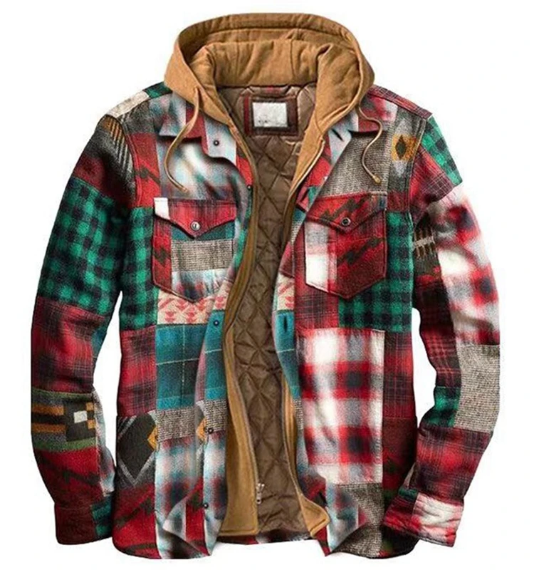 

American Casual Plaid Print Hooded Jaet Loose Fit Zipper Closure Long Sve Polyester Youth Outerwear for Daily Wear