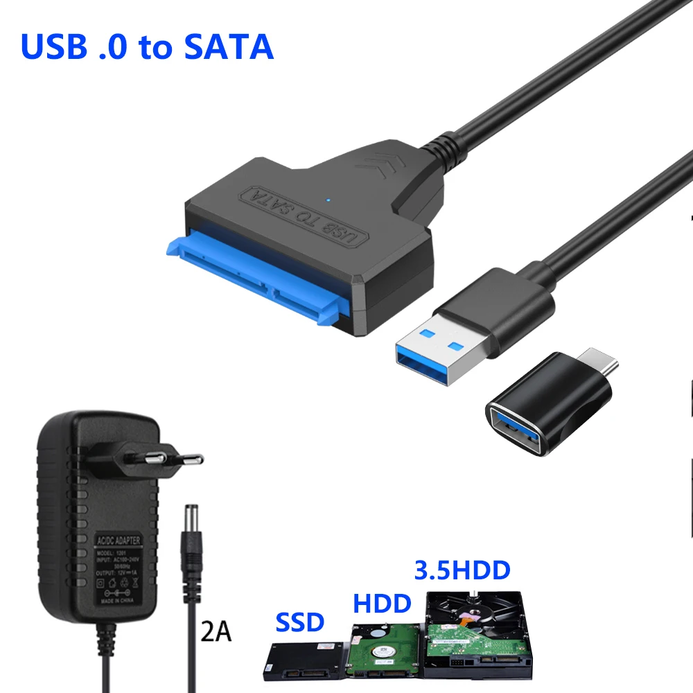 Sata To Usb Hard Disk External Adapter With Power 12V 2A For 3.5 2.5 Inch Hard Drive SSD Connector USB3.0 to SataIII Cord 22 Pin