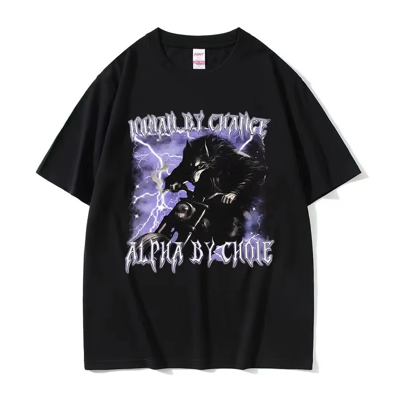 Camiseta Vintage de los 90 con Diseño de Lobo Alfa, Camiseta Divertida de Lobo, Ropa Gótica para Hombre, Camisetas de Manga Corta, Camiseta Informal de Algodón de Gran Tamaño, Ropa Urbana