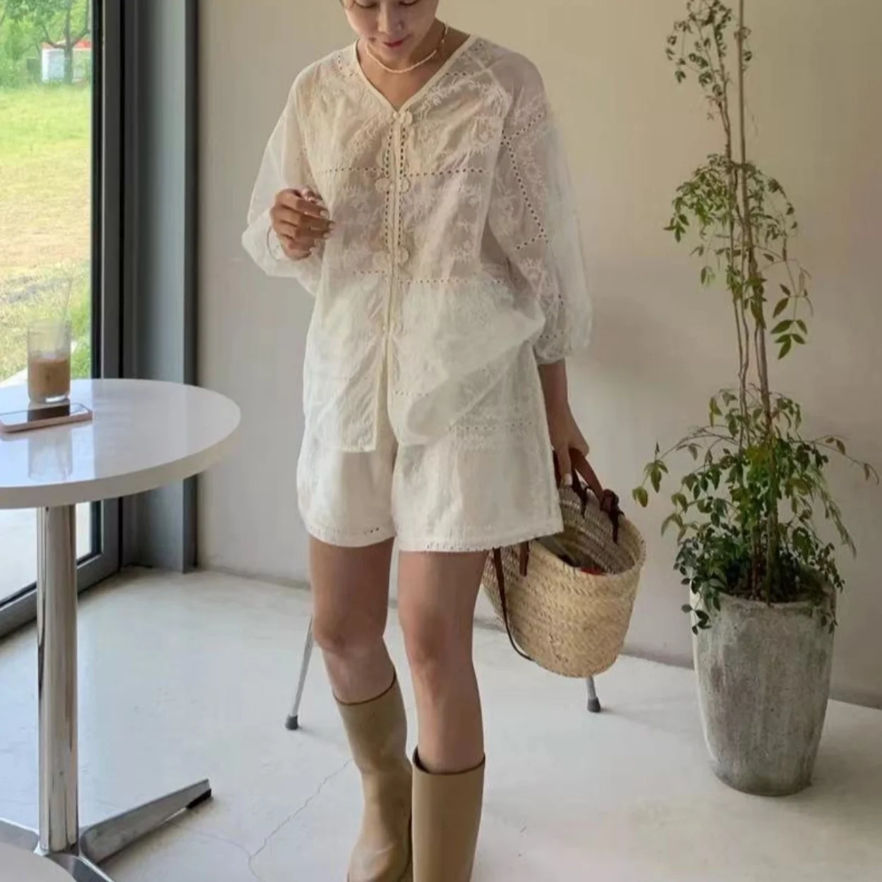 Rétro Chic été ort Sve brodé crochet creux fleur irt taille haute jambe large orts femmes Faion coréen Sle