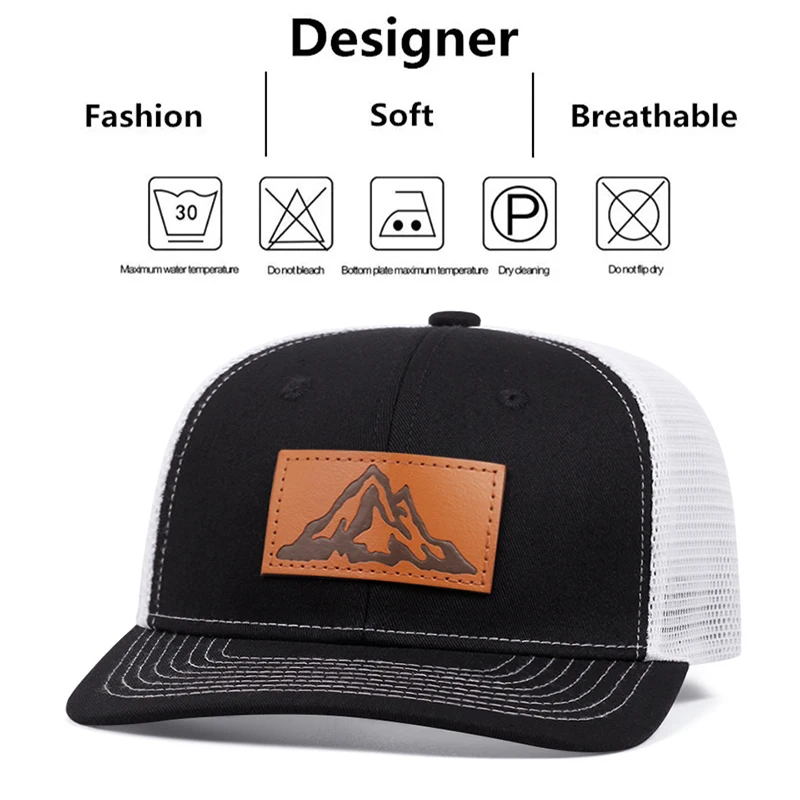 Fashion Men\'s Mountain Leather Label Mesh Hat Adjustable Street Dance Baseball Hat Summer Unisex Fisherman Fishing Hat Truck Cap