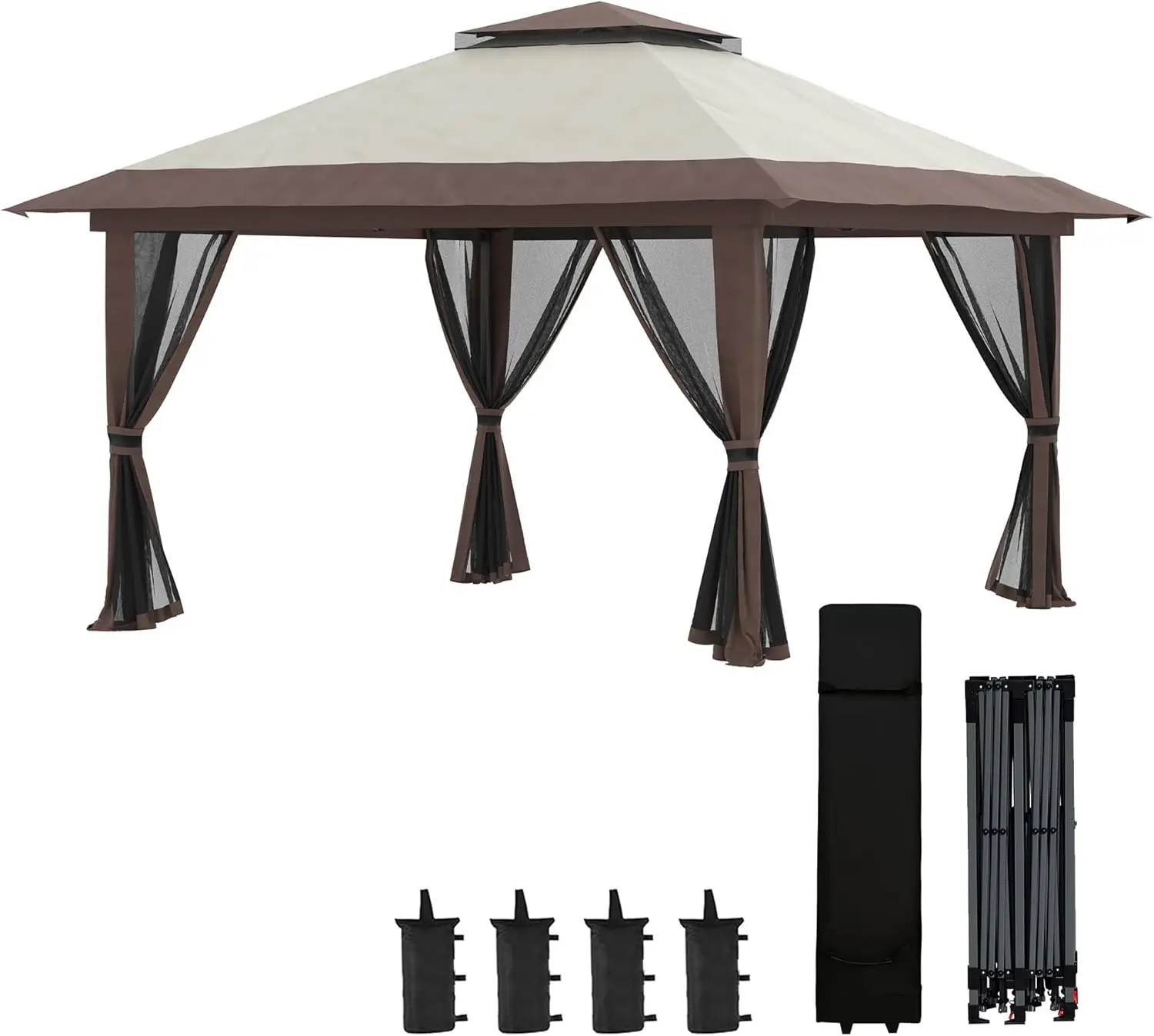 

13' x 13' Pop Up Gazebo with Netting, UPF 50+ Instant Canopy Tent Shelter with Water/Sand Bags, Garden, Parties, Beige