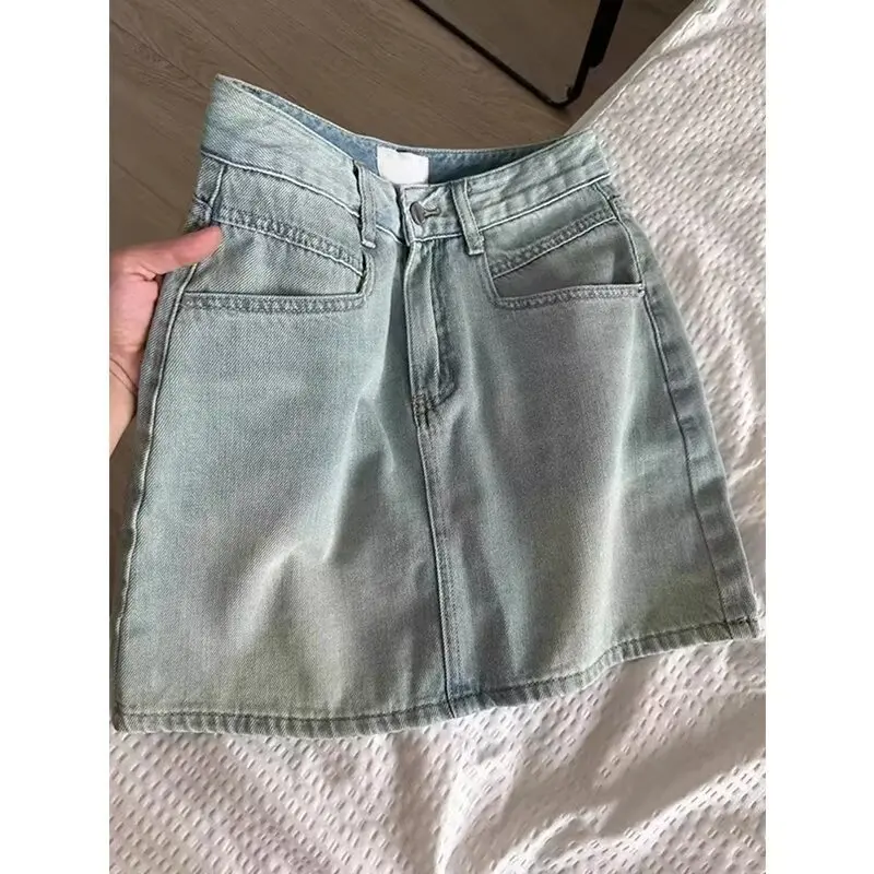 Damska spódnica jeansowa w stylu amerykańskim Vintage Summer 2025 New Plus Size Slimming A- Line Mini Dress Hiding Belly Minimalist Design