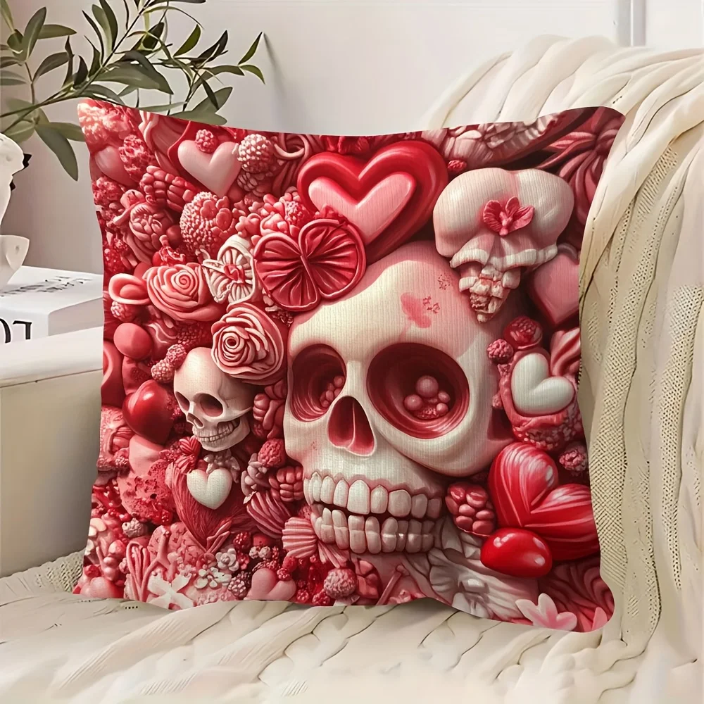 alentine's Day Skull Hearts Double Sided Pillowcase Zipper Closure Cottage Style Home Decor Living Room Bedroom No Insert