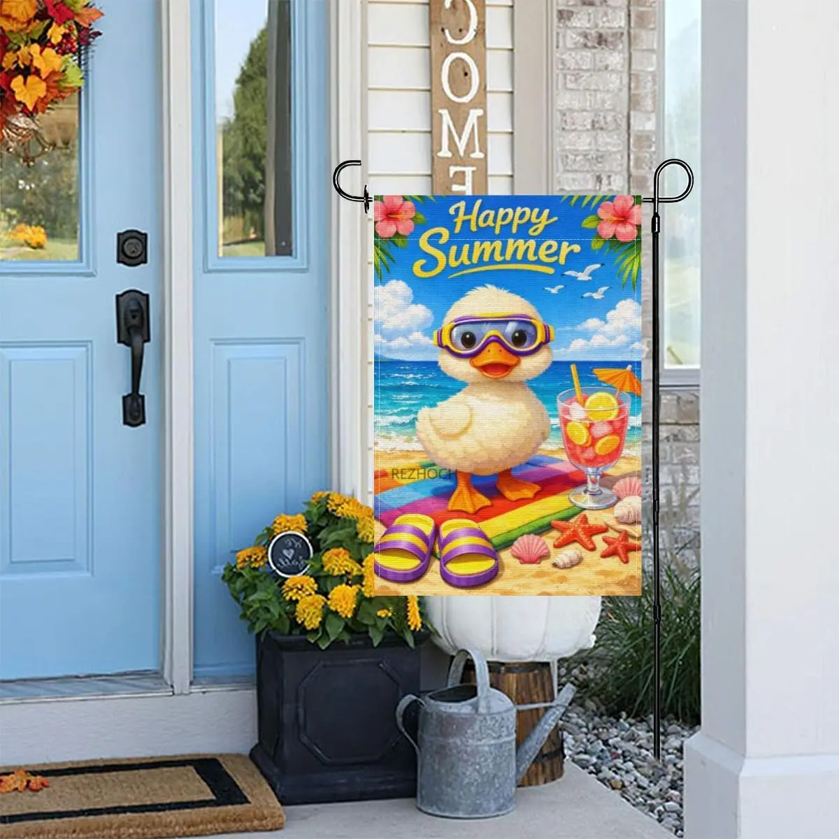 Happy Summer Fun Duck Garden Flag 12x18Inch,Sea Beach Outside Yard Flags Cute Animal Seagull Seasonal Holiday Outdoor Double ZZM