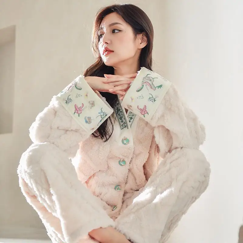 

Autumn Winter Chinese Style Pajama Sets Women Pyjamas Flannel Embroidery Sleepwear Girl Pijama Mujer Night Suits Homewear PjS