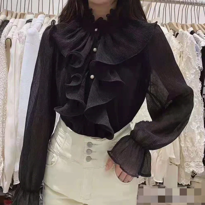 Spring Flare Long Sleeve Chiffon Shirt 2024 Ruffle Stitching Palace Blouse Women Buttons Ruched Loose New Stand Collar Top 12946