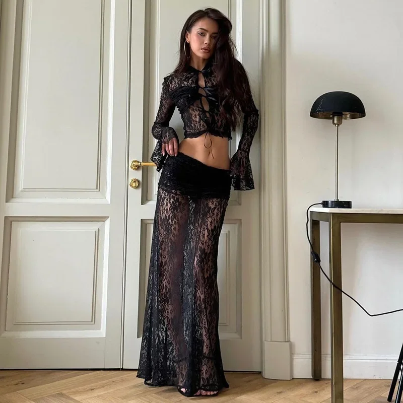 Elegante schiere Spitzenröcke, zweiteilige Sets für Damen, sexy Schnür-Langarm-Tops und schmale Röcke mit hoher Taille, Anzüge, Partykleid-Sets