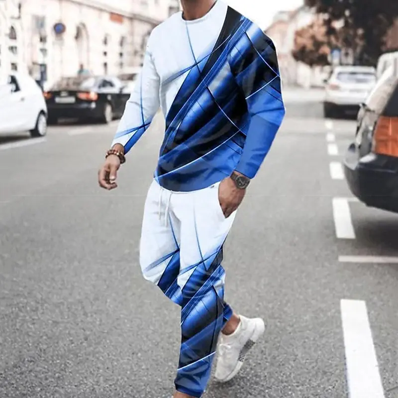 Striped T-shirt 2-Piece 3D Geometric Print Long Sleeve T shirt Pants Set Casual Sports Outdoor Streetwear Men's Clothing Outfits