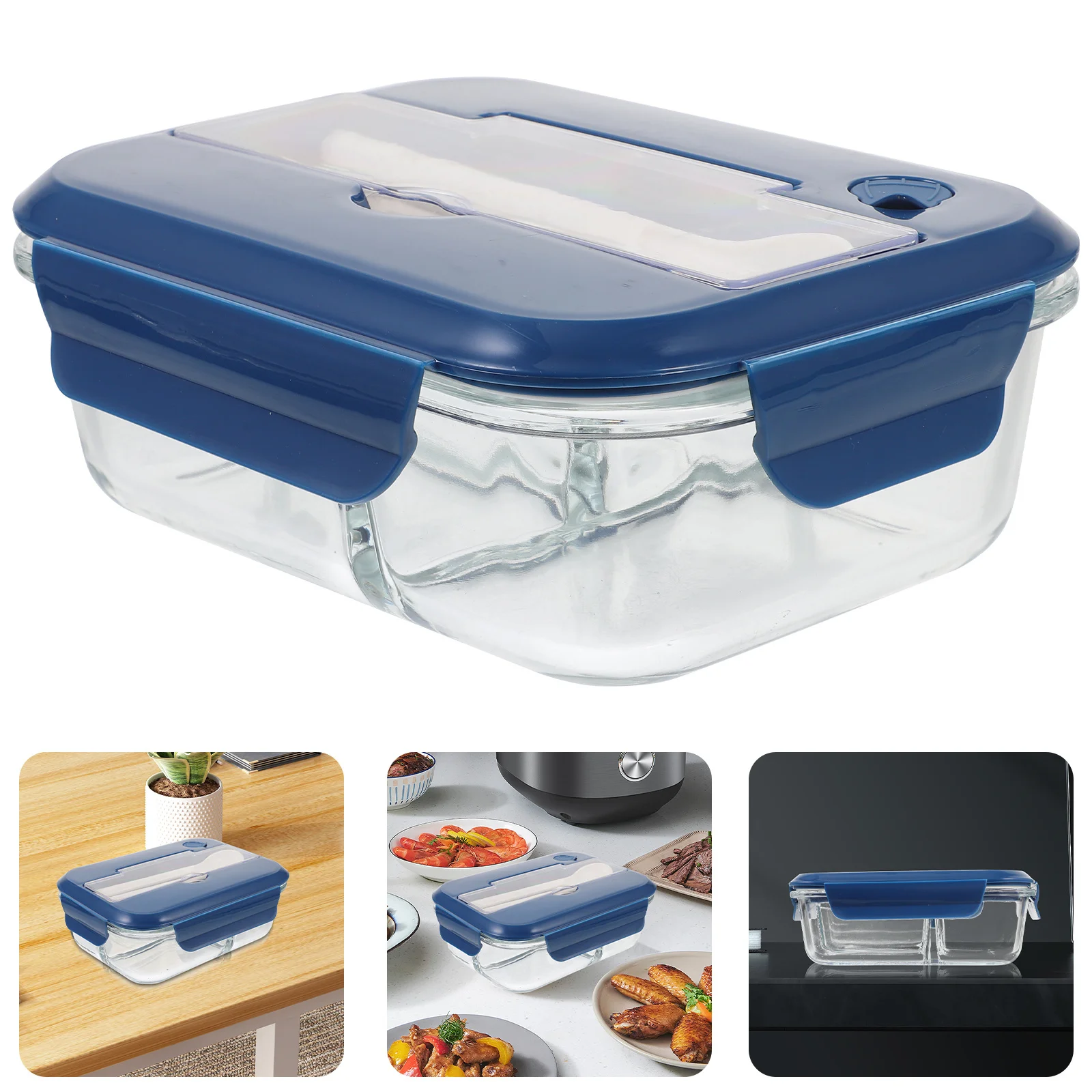 

Microwavable Glass Lunch Box Portable Bento Box Divided Meal Container Lid Cutlery Office School Picnic Food Storage