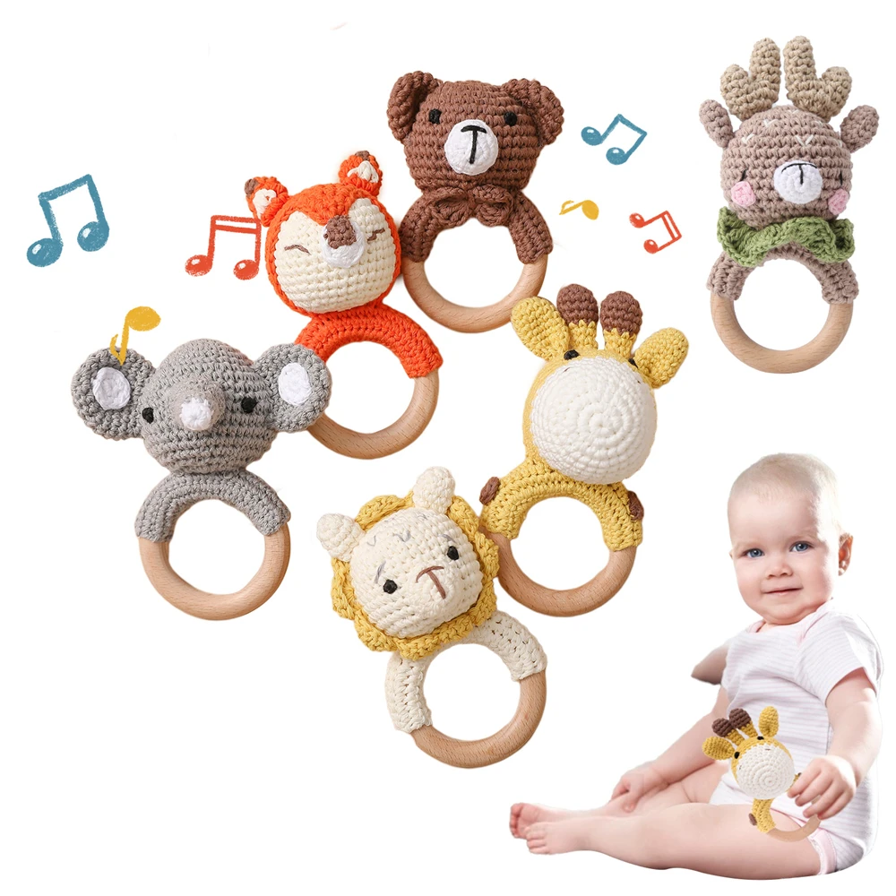 set-of-5-handmade-crochet-animal-rattles-natural-beech-wood-rings-built-in-bell-crisp-sound-teething-fine-motor-skills-baby-gift