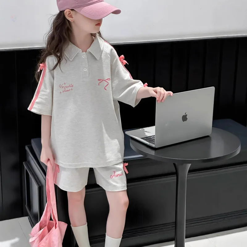 26 Spring Summer Girl Cjildren Kid Clothes Sports Ribbon Bow 2piece Set Short Sleeve Pants Polo Shirt Shorts Big Teenager Outfit
