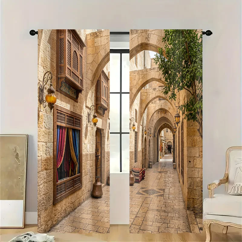 Vintage Mediterranean Street Scene Curtain Panels Window Drape Rustic European Archway Accent Home Decor Filtering Sunlight Styl