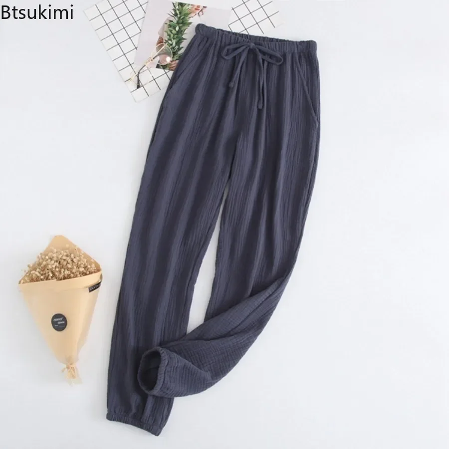 Nuovi pantaloni da notte in Crepe di garza di cotone 2024 Casual 100% per gli amanti delle coppie pantaloni larghi e morbidi del sonno pantaloni lunghi del pigiama da donna