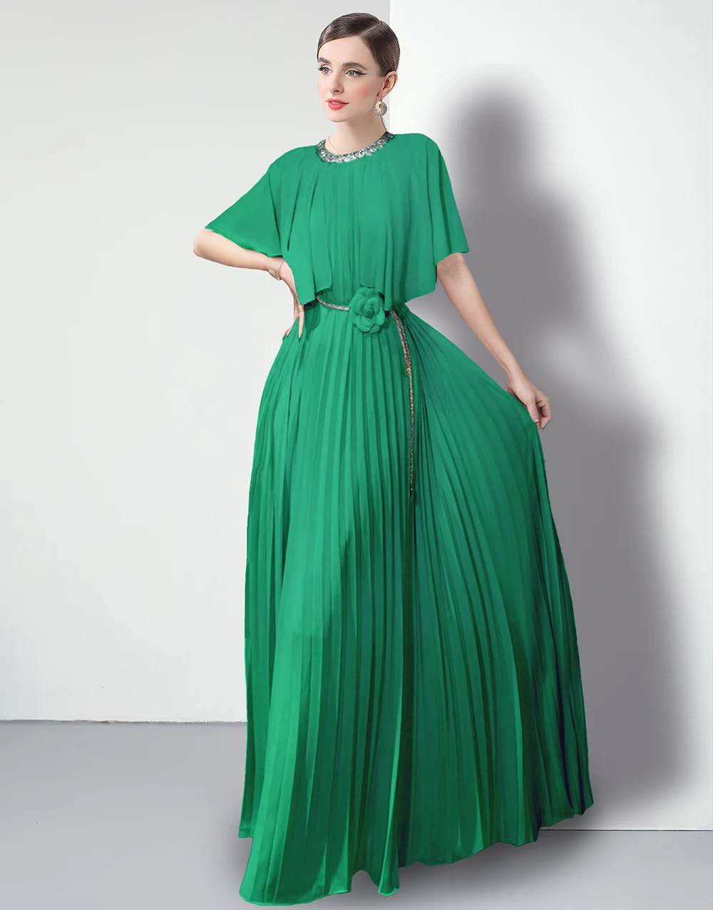 

Women's 2025 Summer Pleated Evening Gown - Long Solid Color Short Sleeve, French Elegant Maxi Dress, Formal Party Dress