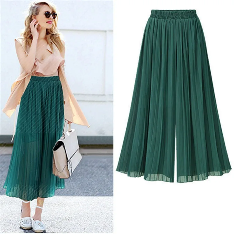 

New 2023 Ankle-Length Chiffon Pleated Culotte Pants Casual Elastic High Waist Wide Leg Pantalones Baggy Womens Elegant Trousers