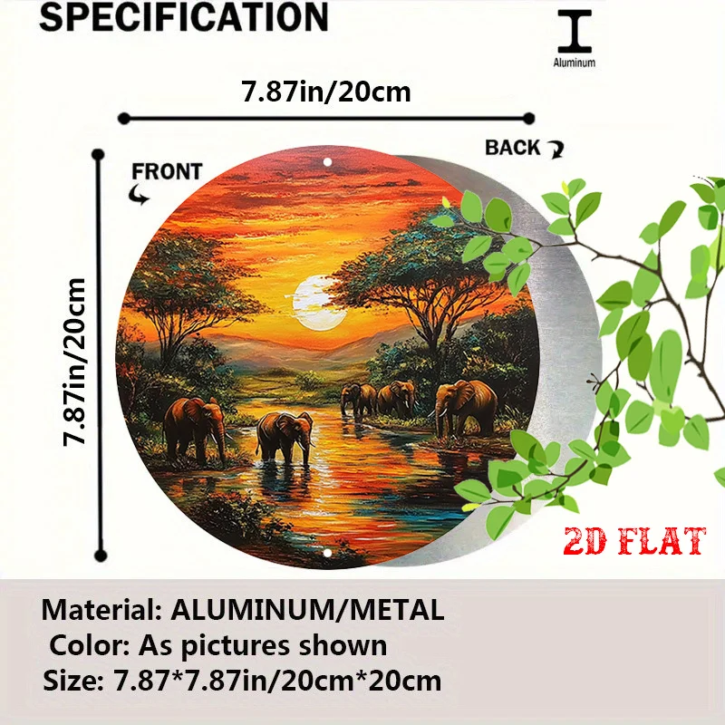 2D Flat, 1pc African Safari Elephant Round Wall Art - Metal Frame-Free Retro Savannah Sunset & Elephant Herd Plaque with Acacia