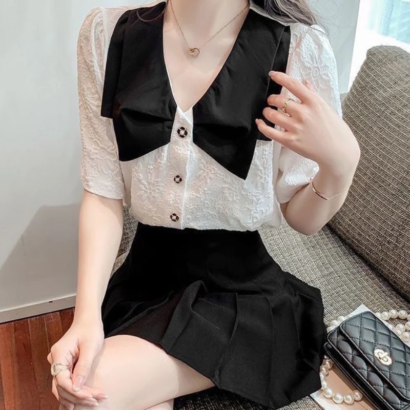 Estate coreano dolce manica a sbuffo pulsante Chic bordare camicetta Casual All-match top elegante abbigliamento femminile piccole camicie di