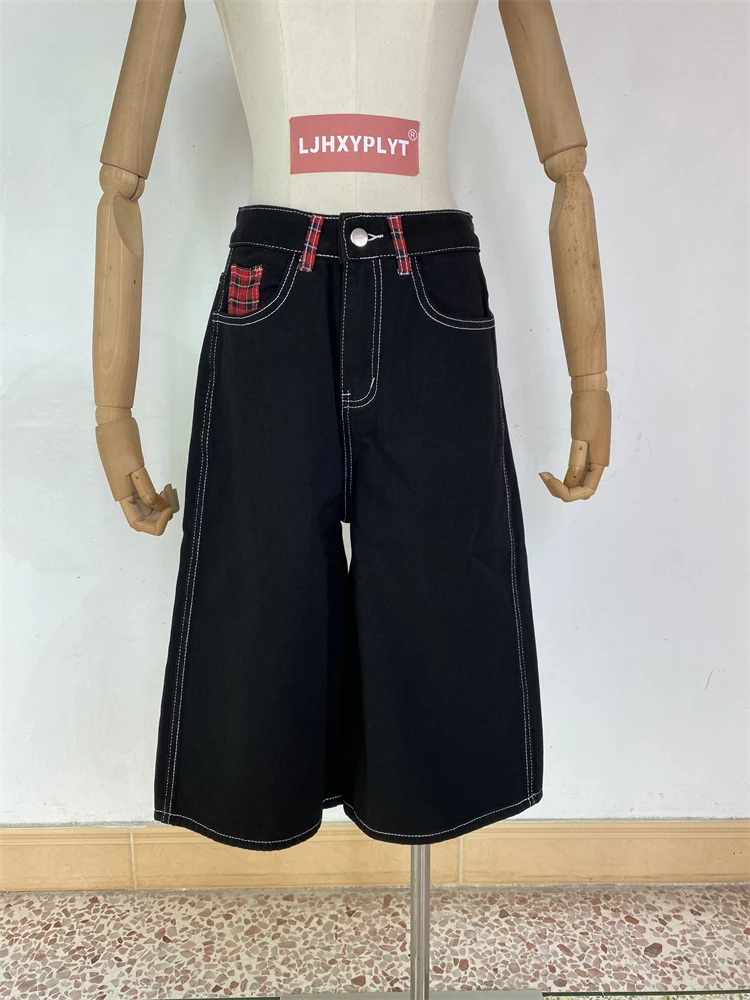 

Women's Red Grid Splicing Pocket Calf-length Pants Summer Young Girl Cropped Jeans Female High Waist Black Capris Trousers