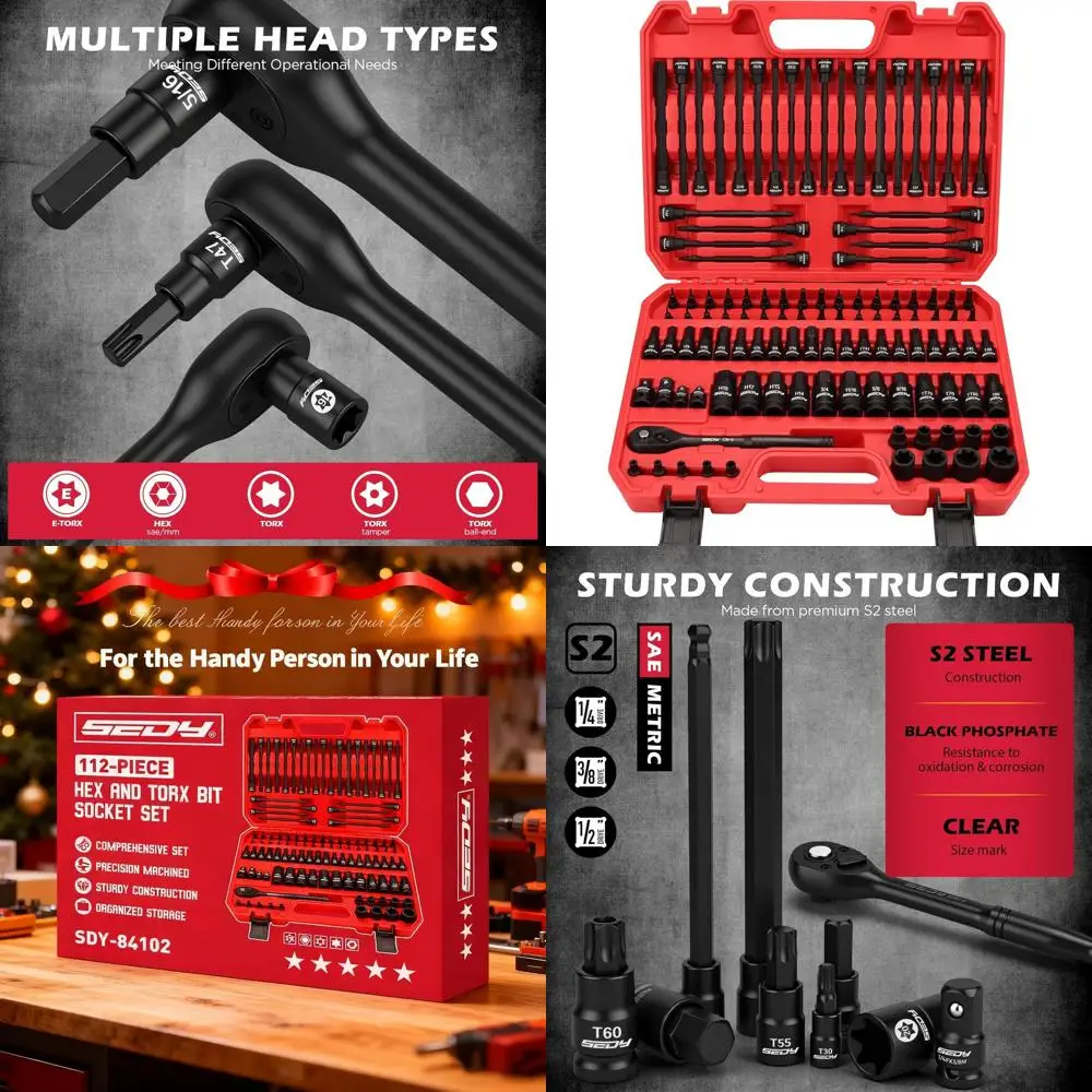 

Набор торцевых бит Torx и шестигранных бит из 11 предметов, набор торцевых головок 1/4 дюйма, 3/8 дюйма 1/2 дюйма с быстросъемным храповым ключом, адаптеры, дополнительные