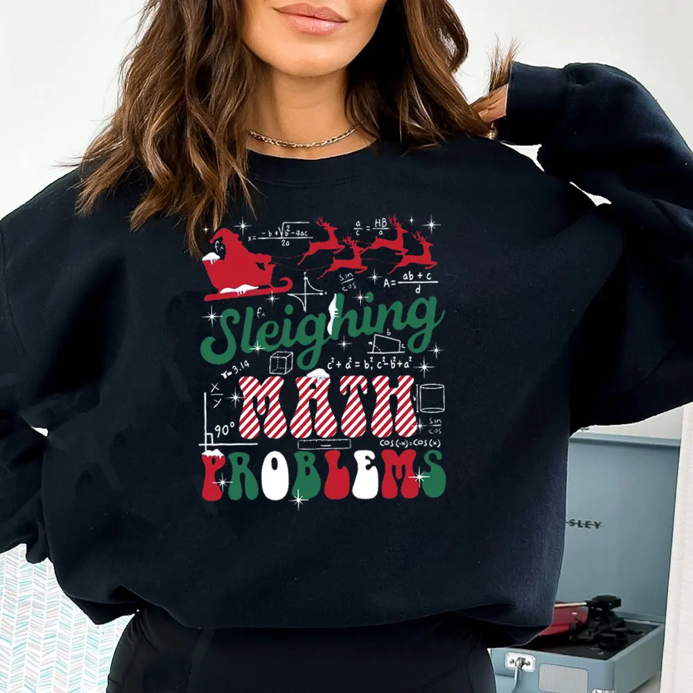 Men Women Math Teacher Christmas Shirt Sleighing Math Problems Tee Funny Kawaii Clothes Sweatshirts Long Sleeve Hoody Winter