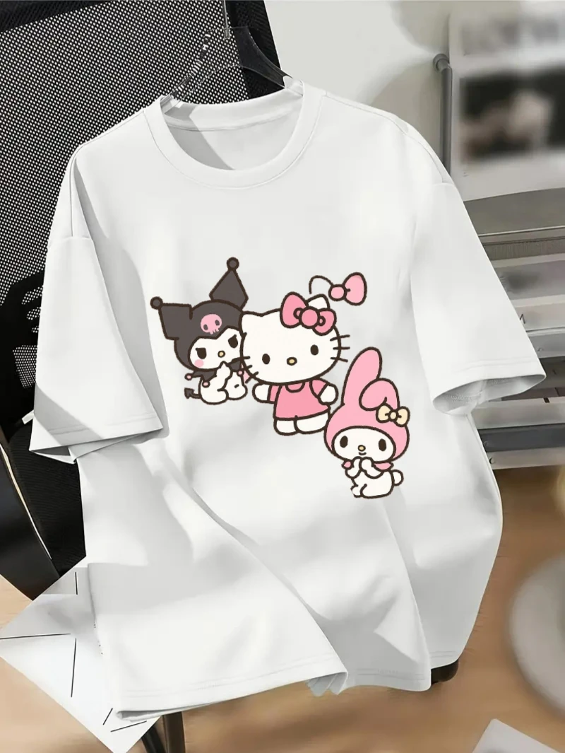 

Sanrio с принтом на плечах и короткими рукавами с круглым вырезом, повседневная удобная футболка из чистого хлопка, весенне-летняя женская одежда