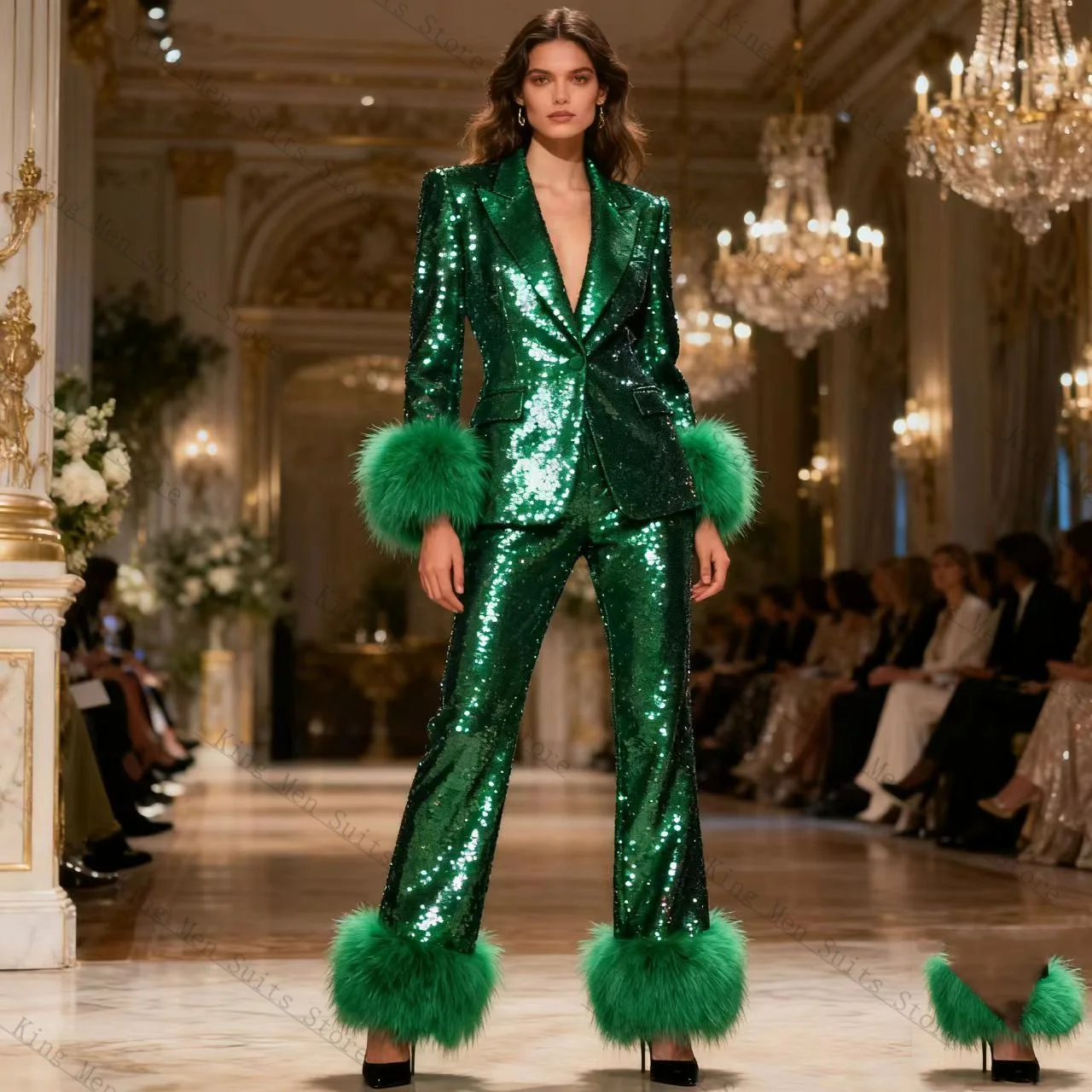 

Luxury Feather Women Suit Set 2 Pcs Blazer+Pants Trousers Sequin Shiny Customized Formal Guest Wedding Tuxedos Party Coat Jacket