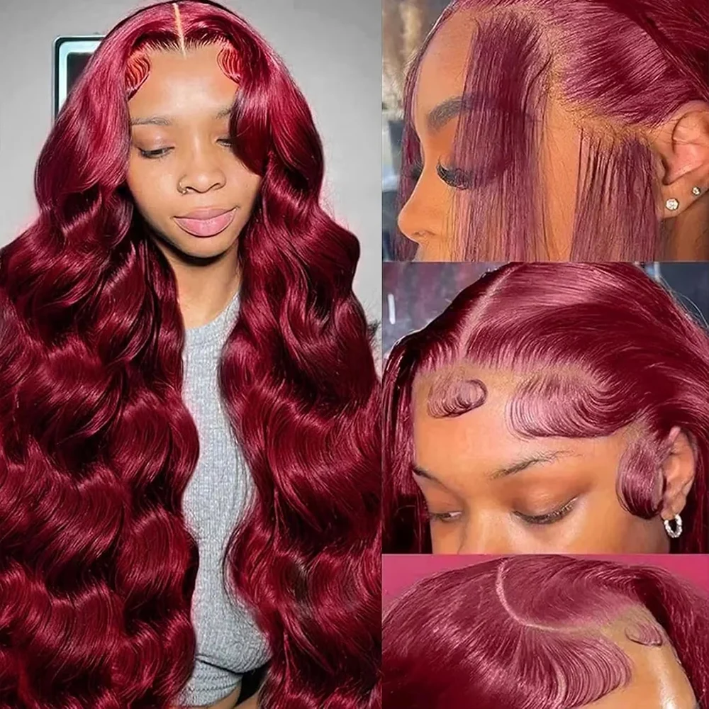 99J Red Body Wave 13x6 HD Transparent Lace Frontal Wigs Pre Plucked Brazilian 13x4 Lace Front Human Hair Wig 200% Density Burgundy 18-46 Inch Wigs For Women view 2