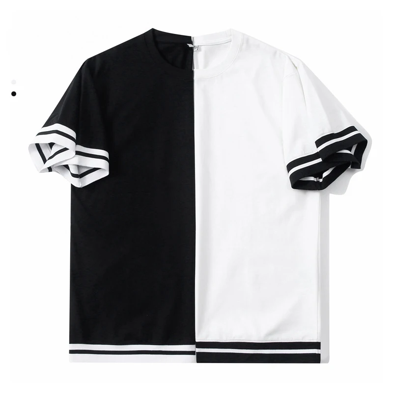 

210G Cotton Men T-shirt Couple Summer Fashion Black White Striped Patchwork O-neck Pullover Tee Classic Casual Short Sleeve Tops