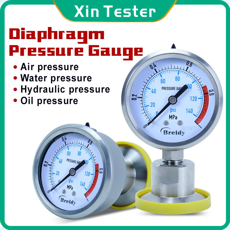 

Xin Tester Stainless Steel Diaphragm pressure gauge Glycerol free 0-2.5Mpa Air Oil water Hydraulic Gauge Dia 60mm YTP60