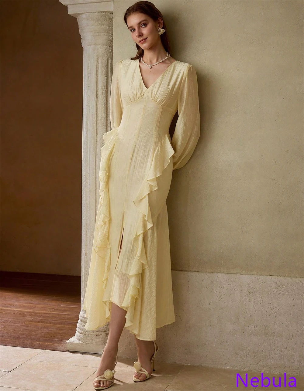 カスタマイズされたモダンなイエローシフォンイブニングドレス V ネック長袖オーダーメイドオケージョンドレスホームカミングドレス高品質ソフト