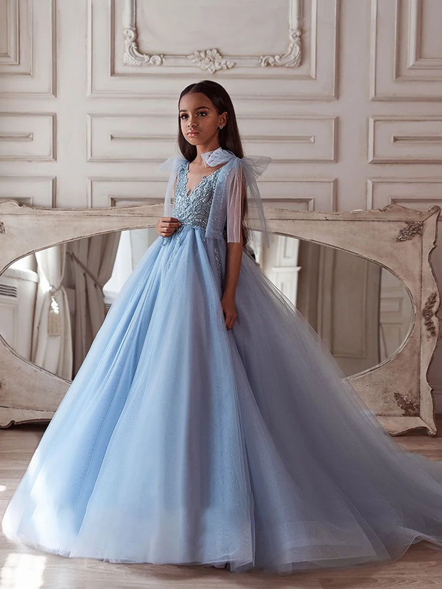 

Crystal Beading Flower Girl Dress Tulle Lace Appliques Sleeveless Wedding Birthday Ball Gown Elegant Light Blue Evening Dress
