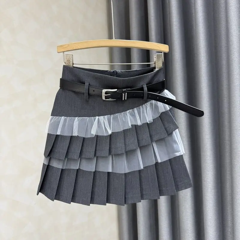 

Серая возрастная повседневная тонкая плиссированная юбка А-силуэта с высокой талией, женская короткая юбка из сетчатого дизайна нестандартной формы