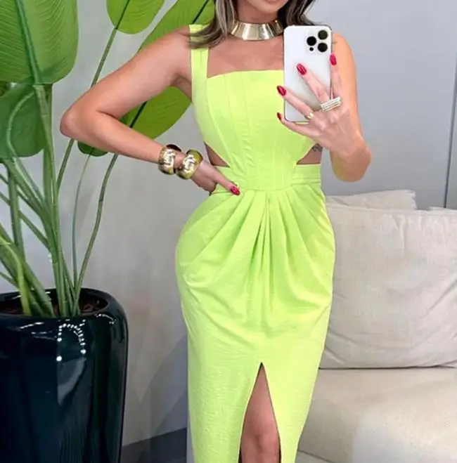 Womens Dresses 2024 Summer Fashion Elegant Waist Hollow Square Neck Solid Color Sleeveless Casual Ruched Split Camisole Dress