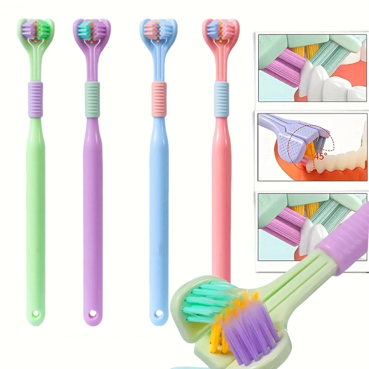 4pcs Soft Bristle 3-sided Toothbrush Gentle Clean Adult Teeth Brush for Complete Gum Care Autism Sensory Design Oral Health Tool