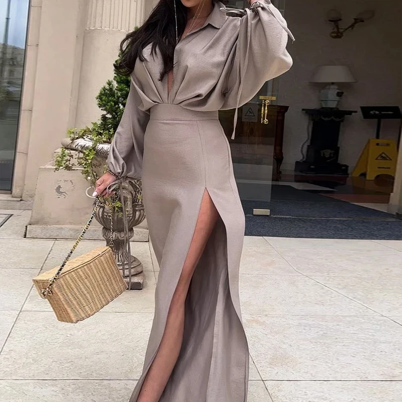 Ellafads 2024 Women Maxi Dress Summer Casual Lapel Solid V Neck Long Sleeve Loose Lace Up Backless Slit Holiday Dresses Streetwe