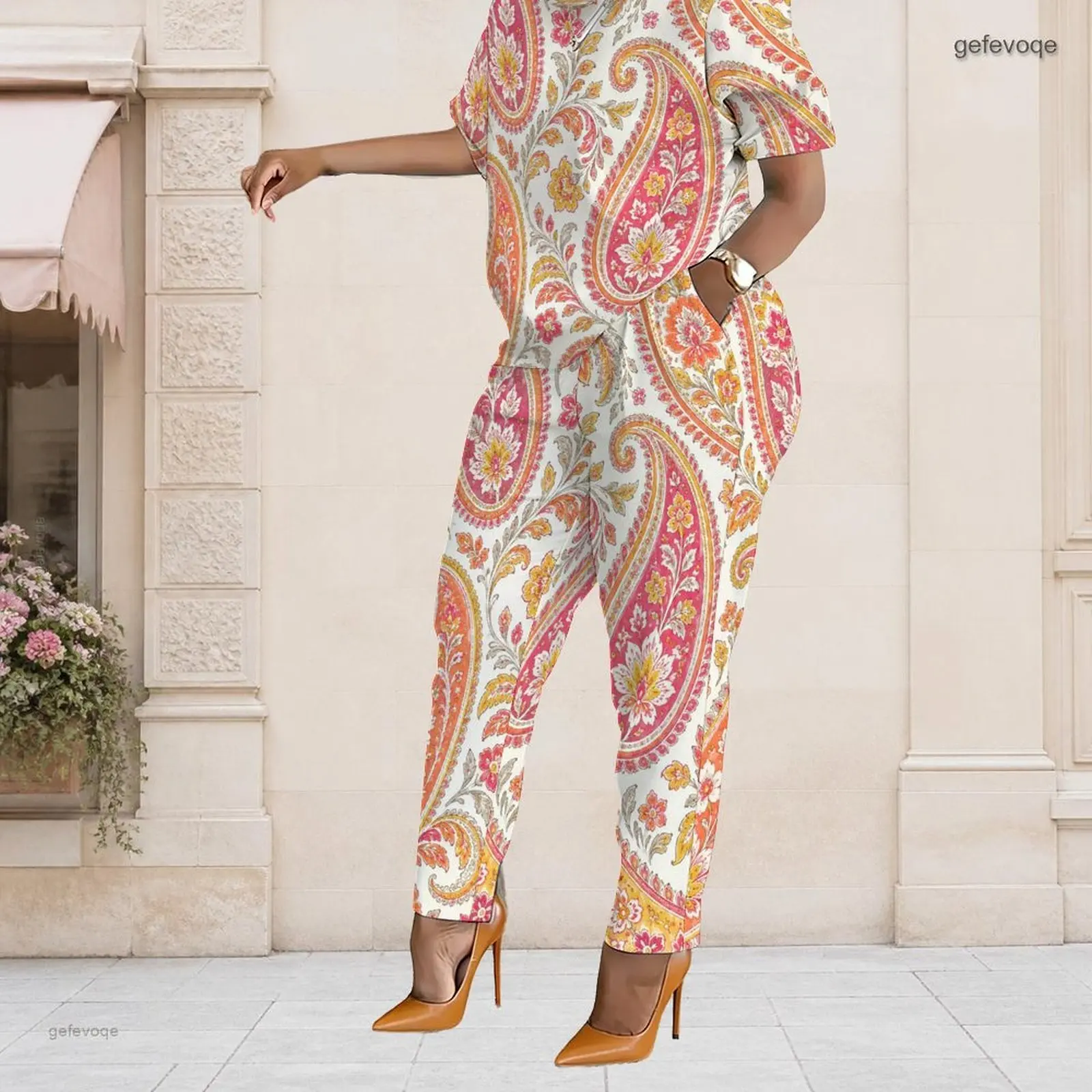 Summer Graphic Print Plus Size Sets Women O Neck Bright Paisley Plus Size Clothes Womens Clothing Daily Outing Wear