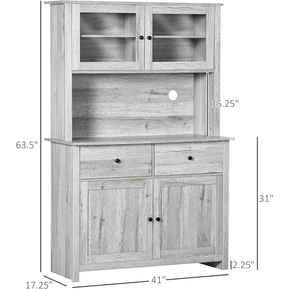 HOMCOM 63.5" Kitchen Buffet with Hutch, Pantry Storage Cabinet with 4 Shelves, Drawers, Framed Glass Doors, Open Microwave