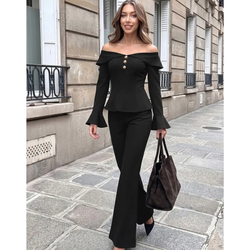 Fashion Off Shoulder Slim Fit Top With Flared Pants Woman's Two-piece Set Spring Autumn Elegance Black Office Outfit Ladies Suit