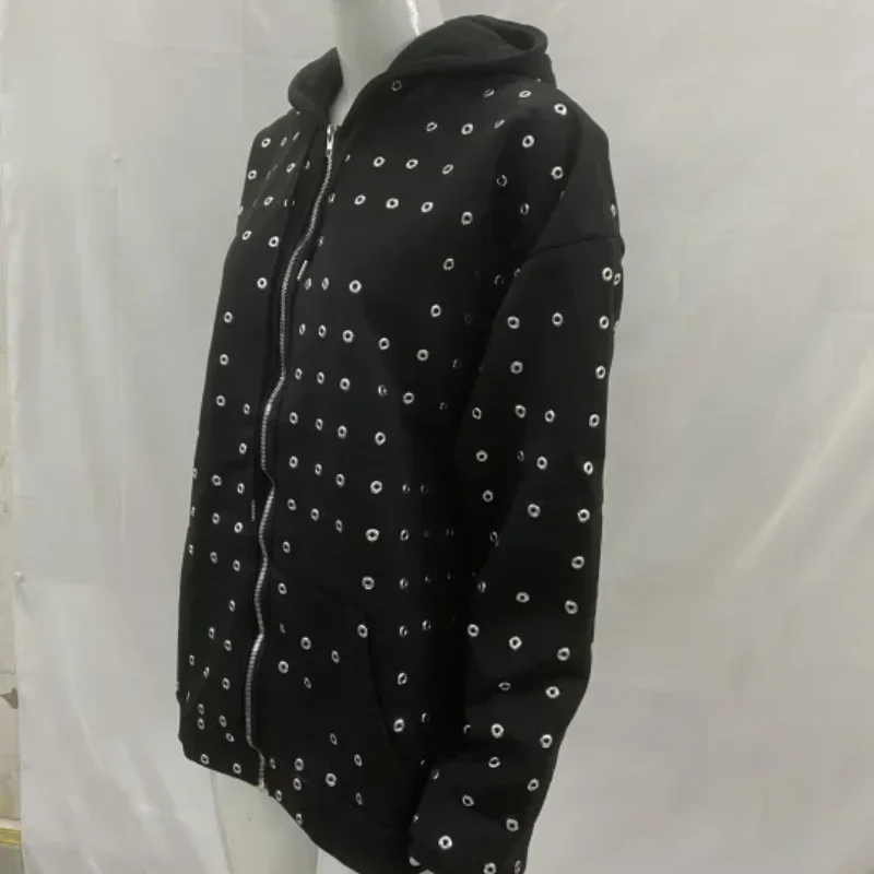 الخريف الأوروبي الأمريكي الجديد كامل ثقب دائري الديكور الأعلى العصرية سستة سترة مقنعين البلوز الرجال الملابس النسائية #2