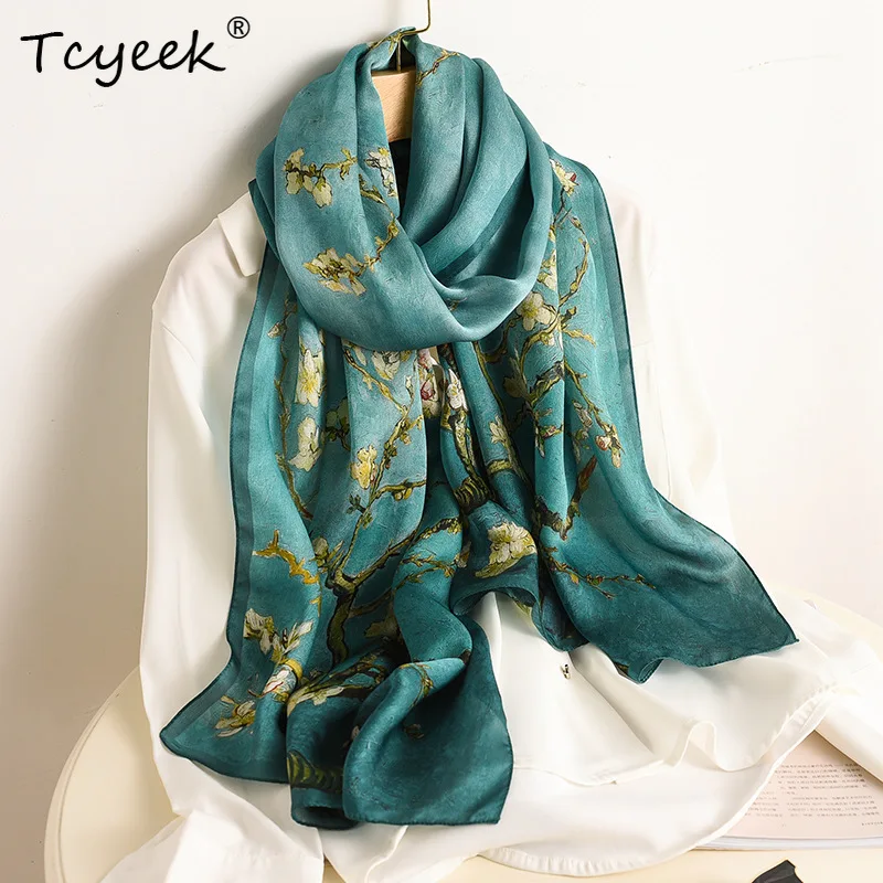 

Tcyeek 9MM 100%Real Mulberry Silk Scarf Shawl Plum Bossom Design Summer Beach Shawls Scarfs Fall Winter Neck Head P36714QM