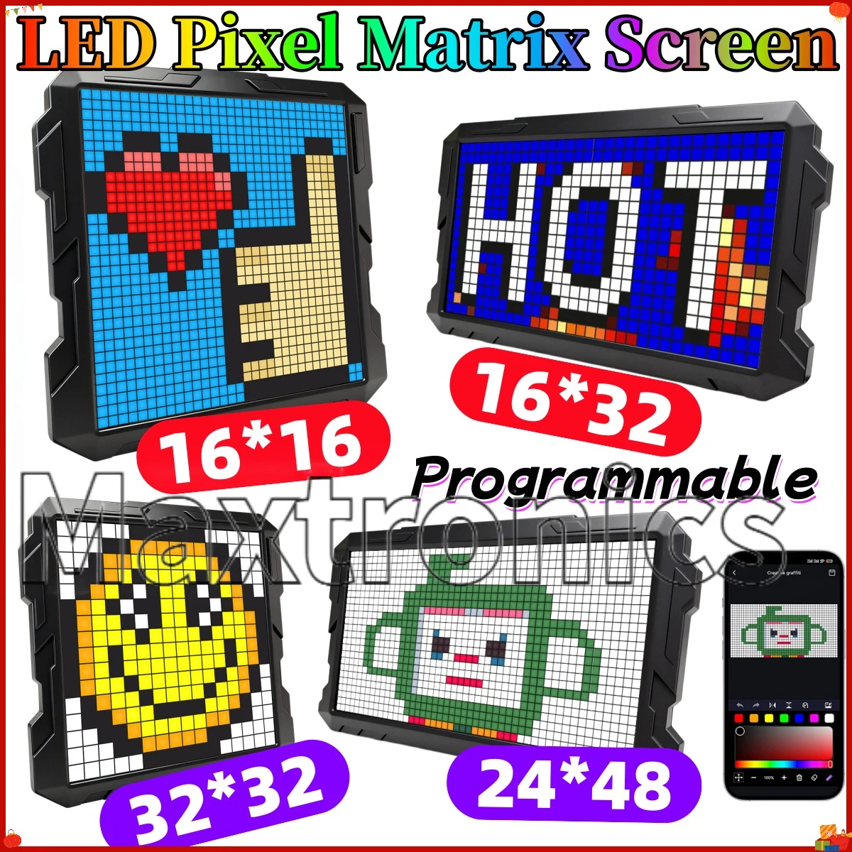 DIY LED Pixel Matrix Screen Bluetooth 32x32/16x32/24x48 Programmable Animations for Bedroom Party Gift RGB Display Digital Clock