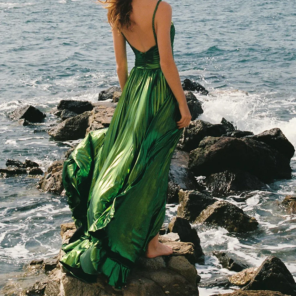 Zipper Back Beading Sweep Train Sleeveless Satin Spaghetti Straps V-Neck Floor LengthFront Slit A-Line Exquisite Evening Dress