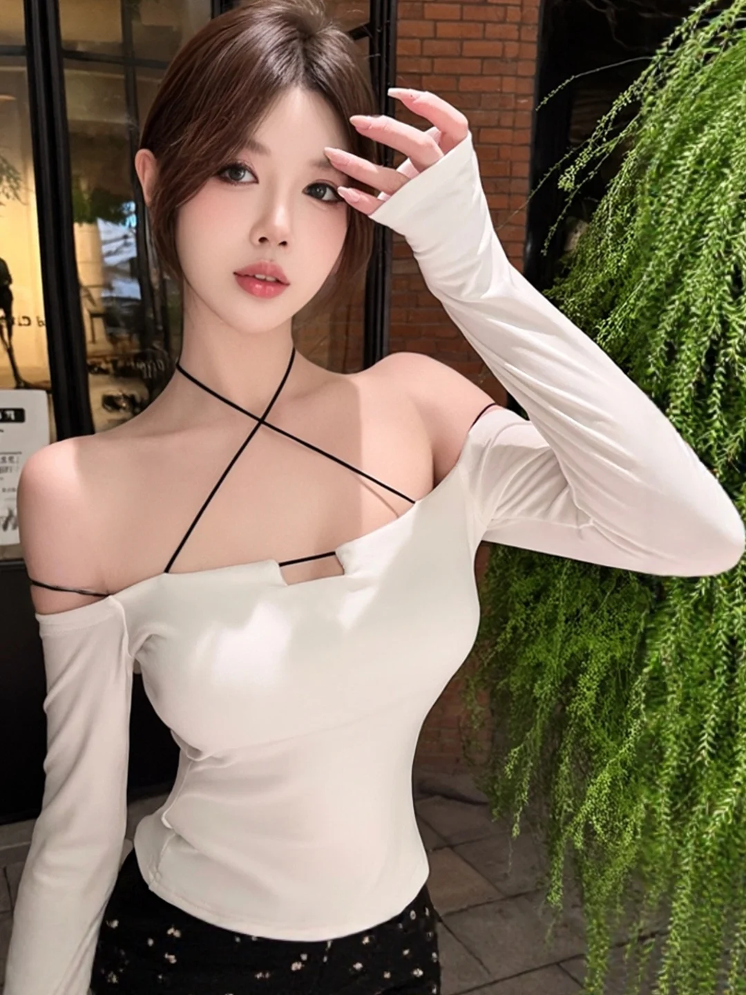 

Sexy Slim Fit Long Sleeve One Shoulder T-Shirt Women's Fashionable Breathable High Waist Knitted Short Top for Autumn