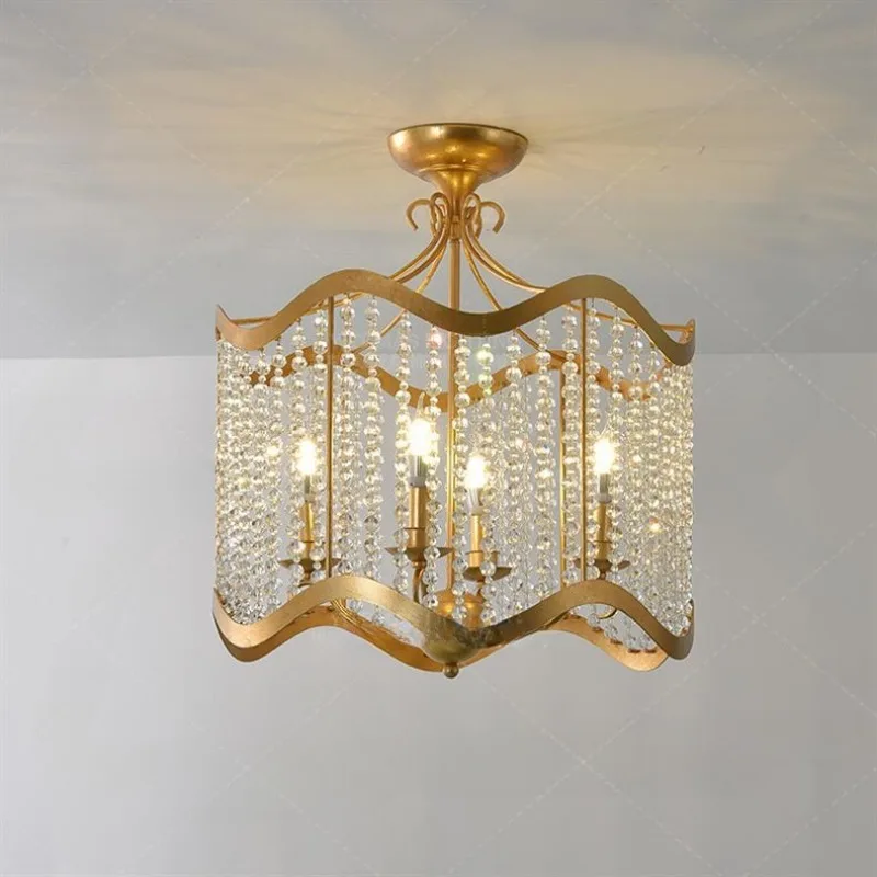 

American style light luxury retro crystal lamp made of old pearl curtain wave living room bedroom study dining room light