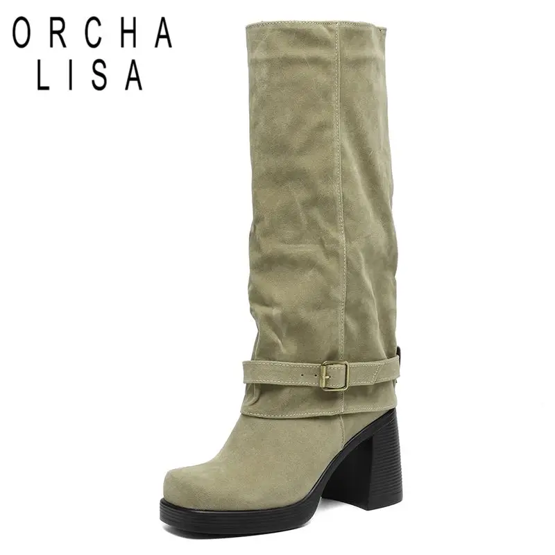 

ORCHA LISA 2025 Fashion Women Knee High Boots Square Toe Block Heels 9cm Flock Suede Slip On Belt Buckle 41 42 43 Dating Booties