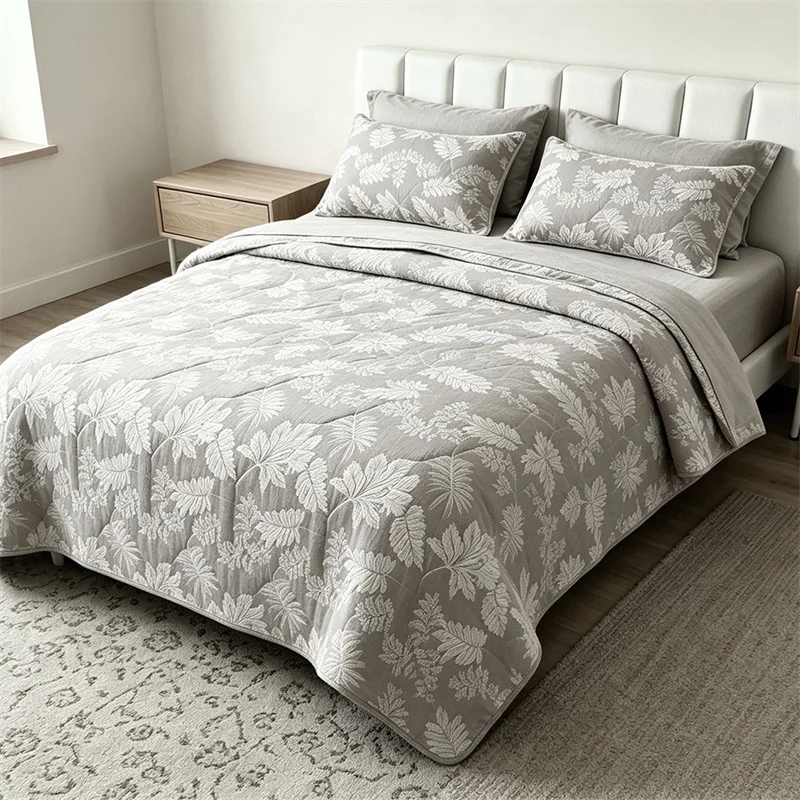 Maple Leaf Printed Quilt 100% Cotton Fabric Bedspread & Coverlet Lightweight Comforter with 2 Pillowcase Summer Bedding Set 3PCS