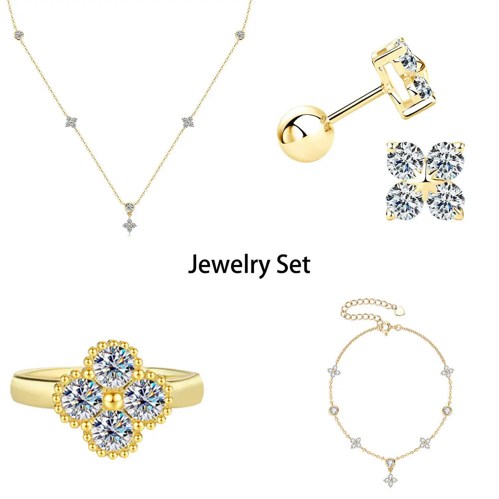 

LinkerLove Муассанит четырехлистный клевер ожерелье кольцо браслет серьги-гвоздики с бриллиантами позолоченный комплект ювелирных изделий из серебра 925 пробы для женщин