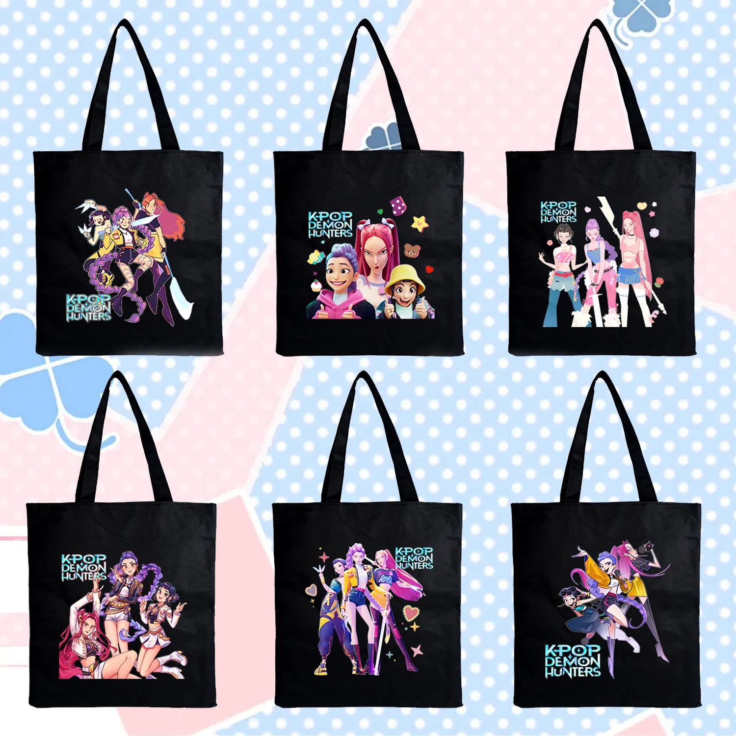 

Новинка 2025, аниме KPop, охотники на демонов, женская и мужская парусиновая сумка, портативная сумка для покупок с героями мультфильмов, повседневная сумка на плечо для девочек