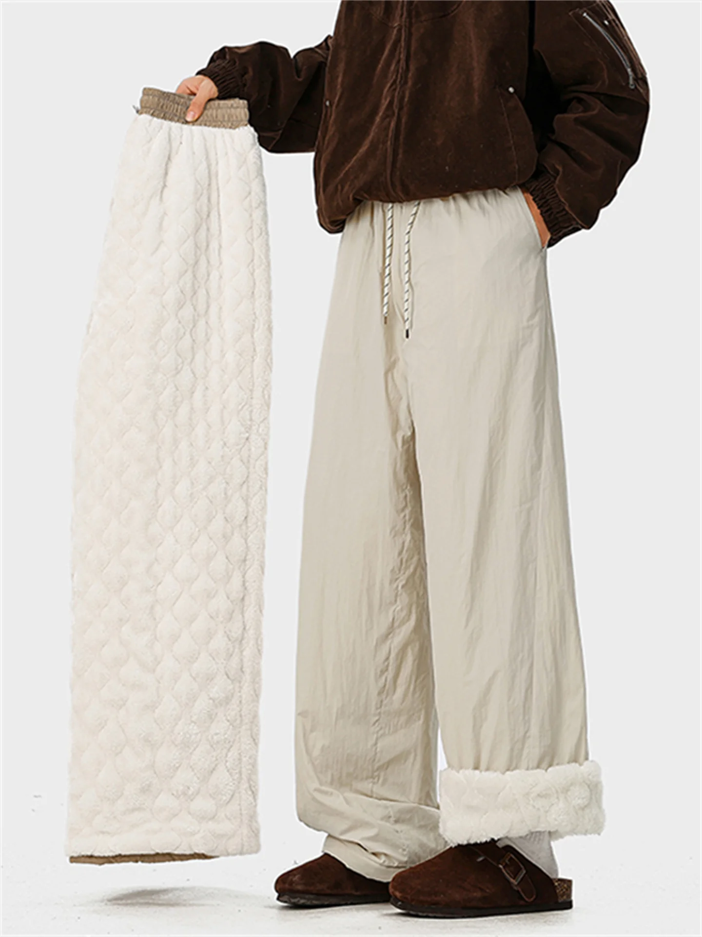 

Thiened Cotton Pants Men's Winter Warm Fce Lined Wide Leg Casual Outdoor Wear Retro Sports Sweatpants Snow Pants